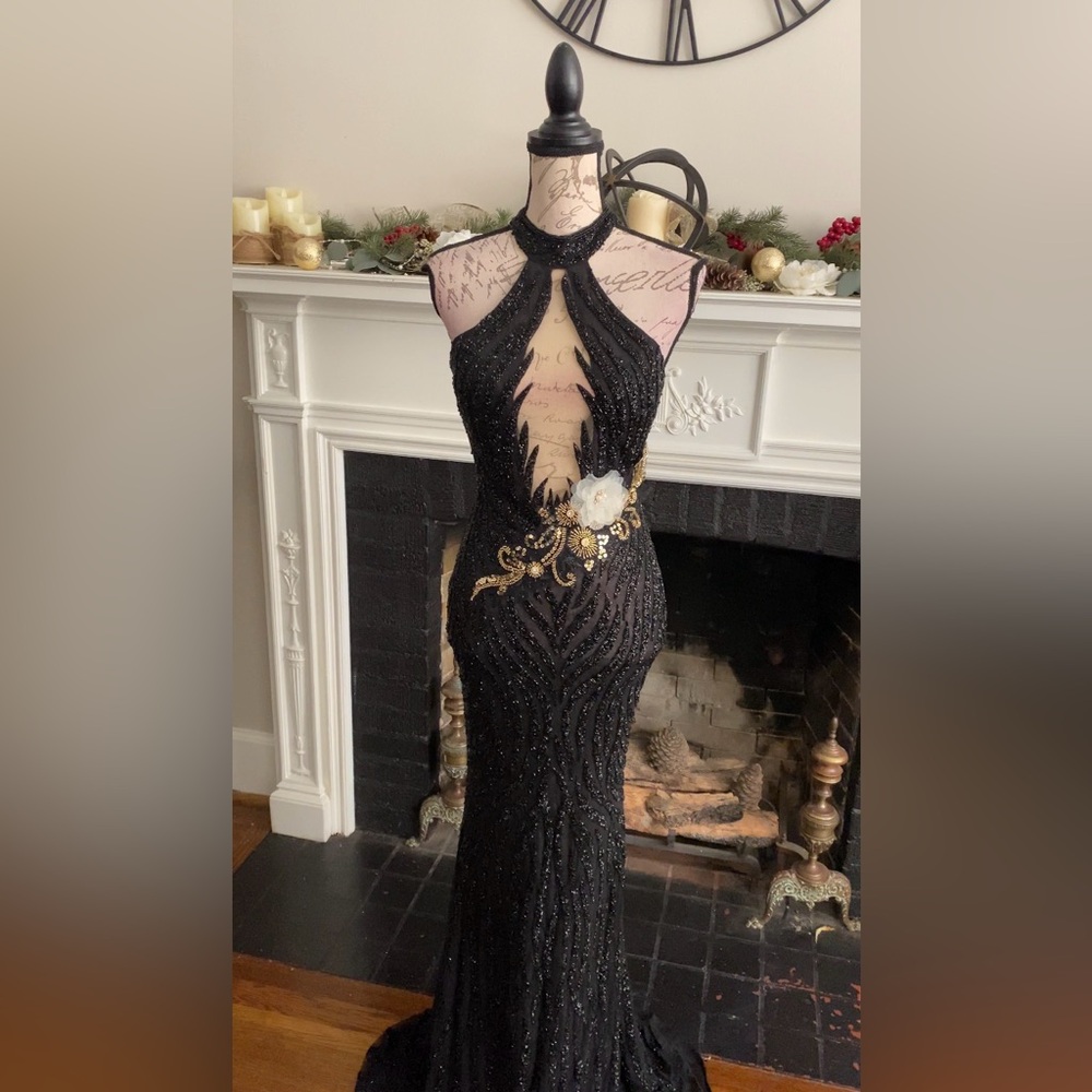 One of a kind beaded black prom dress, formal evening gown - Picture 3 of 4